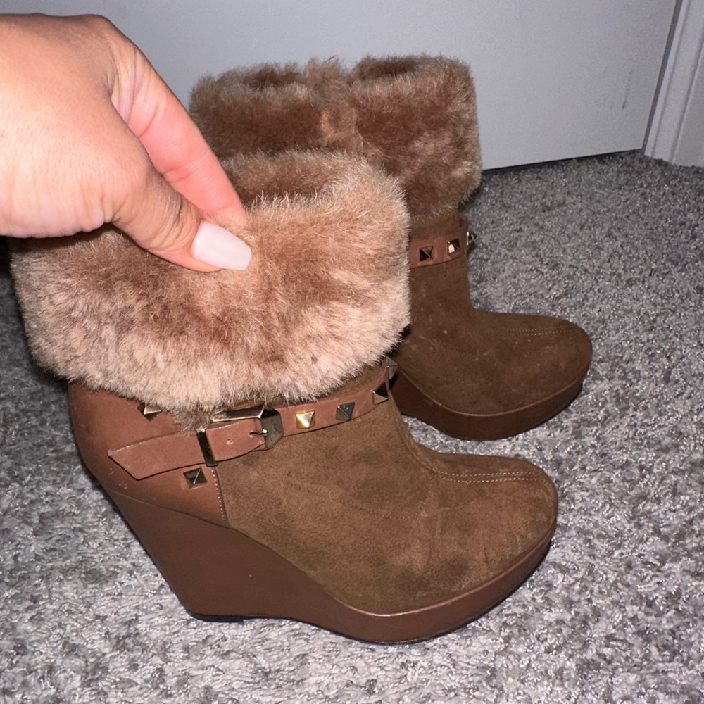 Valentino Brown Ankle Boots with Fur and Studs